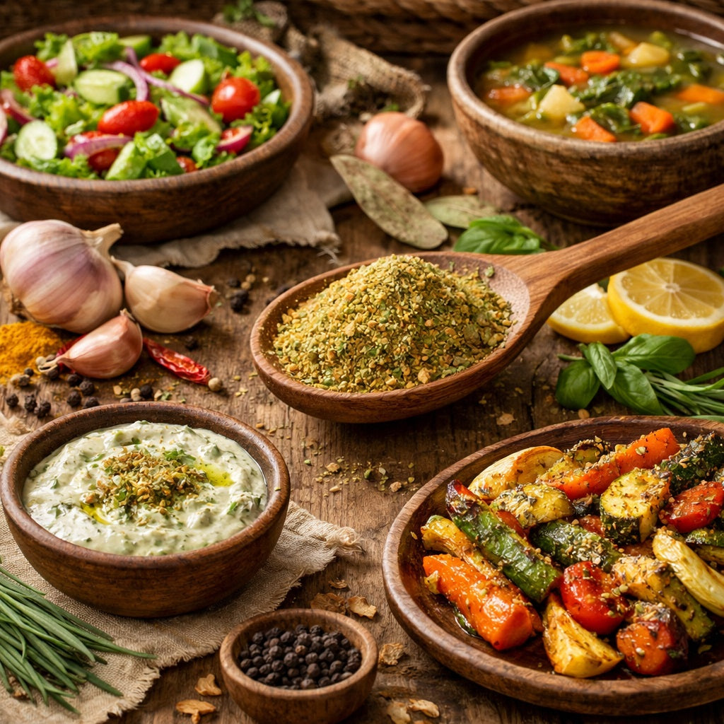 A spoon with Veggie Vibes Spice Blend and assorted dishes including salad, soup, dip, and roasted vegetables on a rustic wooden table with herbs and spices.