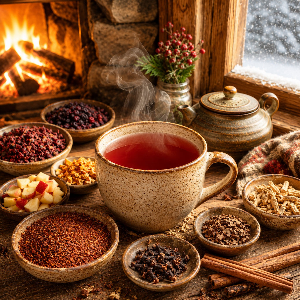 Steaming cup of Winter Fireside Delight tea on a wooden table with bowls of tea leaves and spices, fireplace in the background.