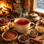 Steaming cup of Winter Fireside Delight tea on a wooden table with bowls of tea leaves and spices, fireplace in the background.