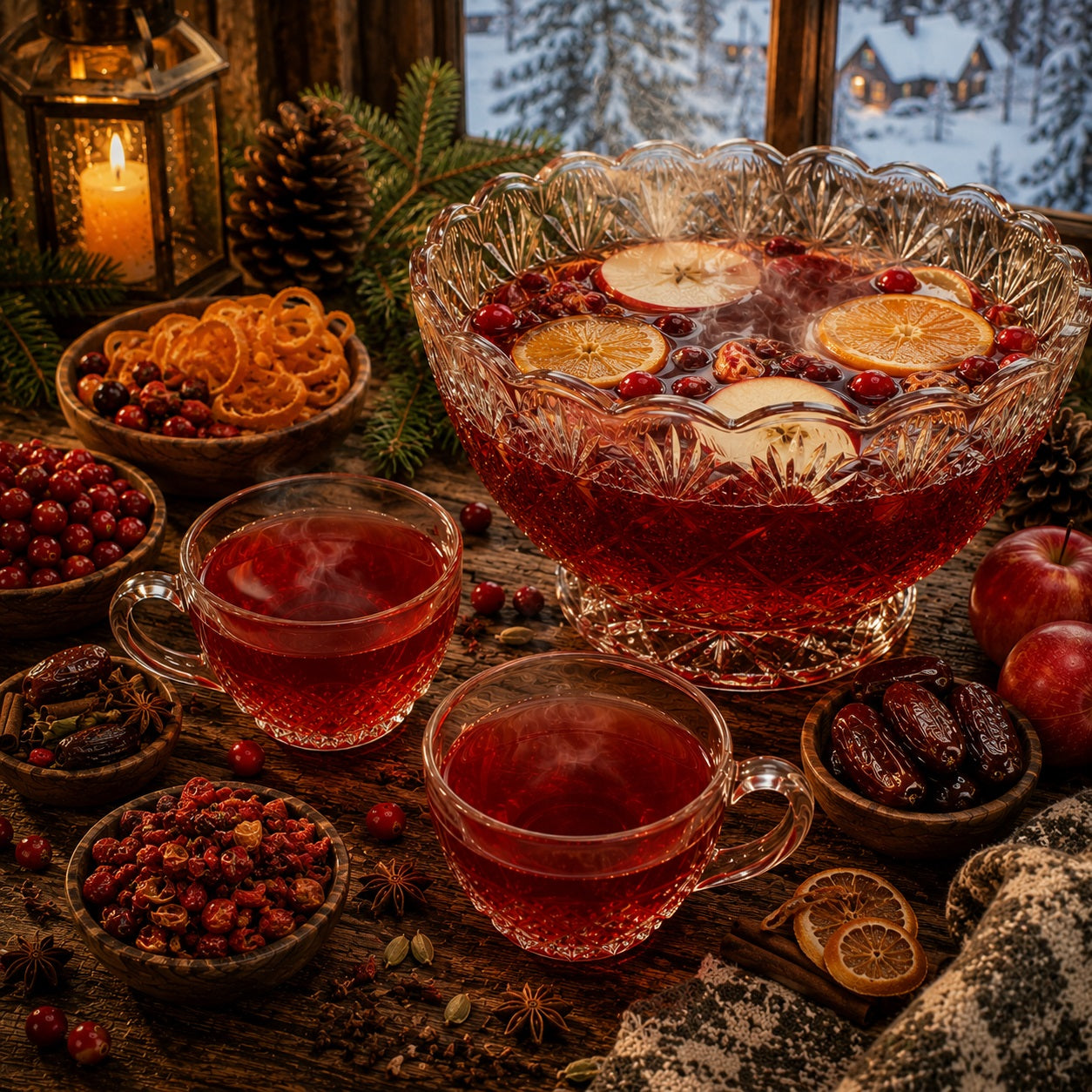 Winter Punch with fruits and spices on a rustic wooden surface
