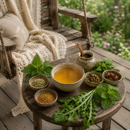 Steaming cup of Woman's Tea Tonic surounded by herbs on a wooden table