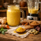 Yellow Smoothie Blend on a wooden spoon surounded by ingredients and a glass mug of yellow smoothie on a wooden table