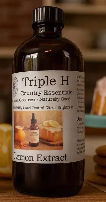 Bottle of Triple H Lemon Extract with a label on a wooden surface.