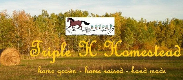 Triple H Homestead logo with a horse and farm scene, set against a scenic background with trees and a hay bale.